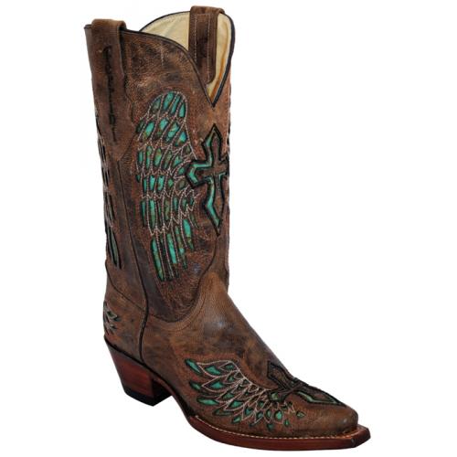 Ferrini Ladies 86061-09 Brown / Green Genuine Leather Cowgirl Boots